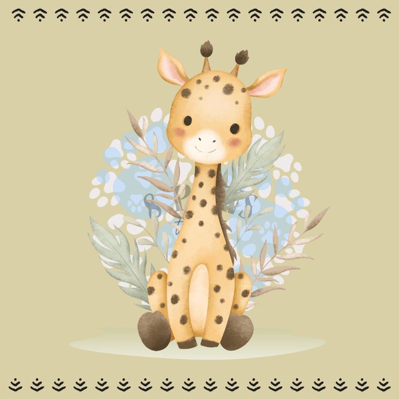 May include: A watercolor illustration of a cute giraffe with brown spots, sitting with its legs tucked. The giraffe is surrounded by blue and white floral accents and green leaves, set against a tan background.