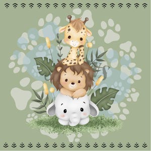 May include: A whimsical illustration features a giraffe, lion, and elephant stacked together. The giraffe, with brown spots, sits atop the lion, who is perched on the elephant. The background is a soft green with paw prints and foliage, creating a playful safari theme.