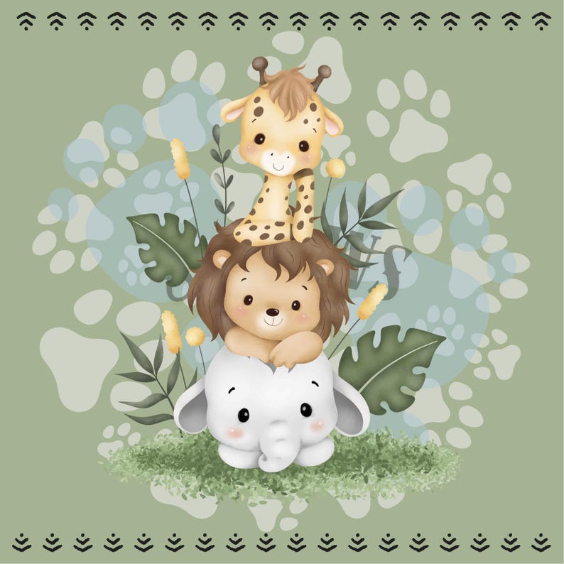 May include: A whimsical illustration features a giraffe, lion, and elephant stacked together. The giraffe, with brown spots, sits atop the lion, who is perched on the elephant. The background is a soft green with paw prints and foliage, creating a playful safari theme.