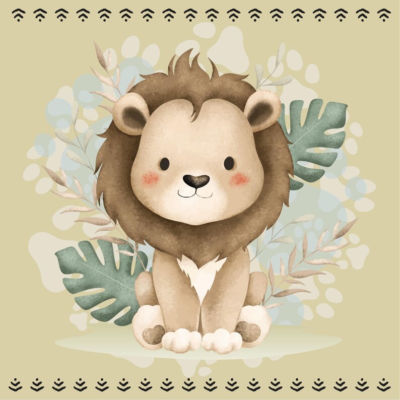 May include: A watercolor illustration of a cute lion cub with a brown mane, sitting upright. The lion has a light tan body, pink cheeks, and black eyes. The background features green leaves and a light green and tan color scheme.