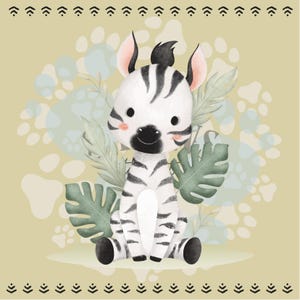 May include: A watercolor illustration of a cute zebra cub with black and white stripes, sitting among green leaves and paw prints. The zebra has pink cheeks and ears, and a black mane. The background is a light yellow color with a decorative border.