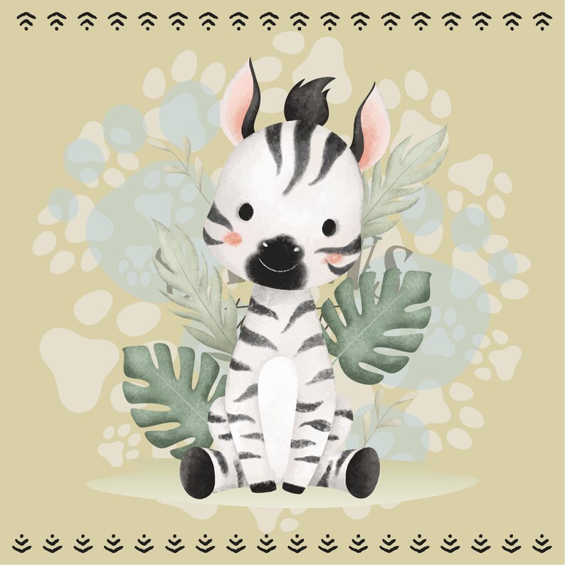 May include: A watercolor illustration of a cute zebra cub with black and white stripes, sitting among green leaves and paw prints. The zebra has pink cheeks and ears, and a black mane. The background is a light yellow color with a decorative border.