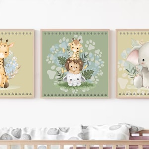 May include: Set of three framed nursery art prints featuring adorable watercolor illustrations of safari animals. The prints include a giraffe, a stack of animals, and an elephant, all set against a soft, neutral background with floral accents.