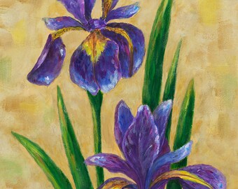 Peinture originale acrylique • Fleurs dans un vase • Art botanique floral • Art botanique acrylique • Art mural acrylique • Décoration d'intérieur • Fleurs d'iris