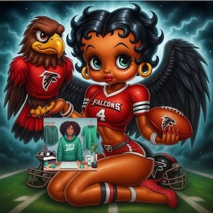 May include: Illustration of a cartoon woman with black wings and a red and black football uniform, holding a football. An eagle wearing a matching jersey stands beside her. The image includes a smaller image of a woman wearing a green hoodie with the text "Ki's Shop".