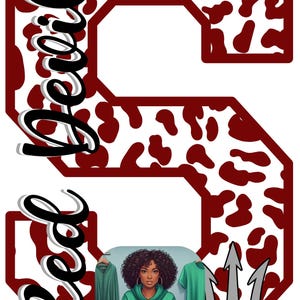 May include: A graphic featuring a maroon and white letter "S" with a cow print pattern. The word "Seee" is written in a stylized font. A woman in a green hoodie is in the center, with a trident symbol on the right.