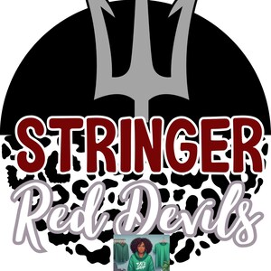 May include: A graphic design featuring a trident, the words "STRINGER" in maroon, and "Red Devils" in a script font. The design includes a black and white spotted pattern and a small image of a person in a green hoodie.