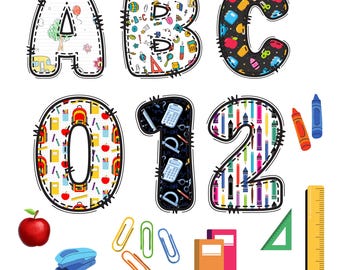 School Doodle Font - Alphabet and Numbers - PNG Download Only
