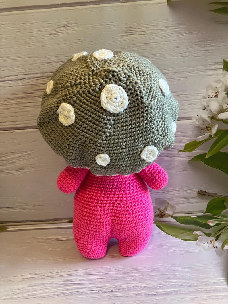 May include: A crocheted mushroom plush toy with a pink body and a green and white spotted cap.