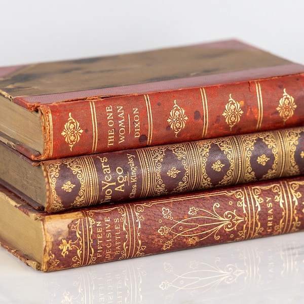 Set of 3 Antique Books Authentic early 1900s Book Decor Red, Gold Orange Rustic Book Stack