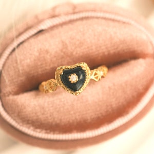 Gold Black Onyx Heart Ring, Gold Ring, Vintage Ring, 925 Silver Ring, Victorian Ring, Black Ring, Semi-precious Ring, Dainty Ring, CZ Ring