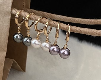 925 Silver Swarovski Pearl Earring, Glossy Pearl Hoops, Gold Hoop Earrings, 8mm Crystal Pearl, Dainty Pearl, Grey Pearl, Purple Pearl Hoops