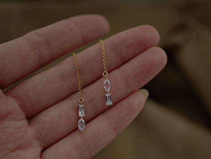 Cz Threader Earrings Gold Threader Earrings Sterling Silver Etsy