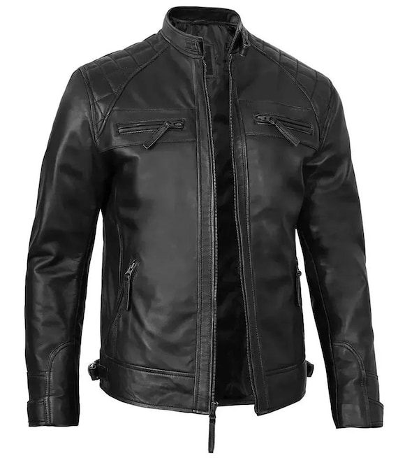 Herren Echtleder Schwarz Motorrad Vintage Style Fashion Jacke