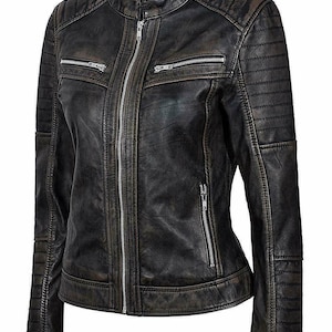 Full Grain Leather Jacket for Women | Distressed Leather Slim Fit Biker Vintage Style Motorcycle Leather Jacket Women's