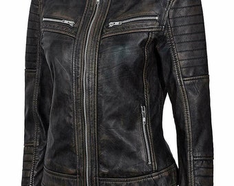 Full Grain Leather Jacket for Women | Distressed Leather Slim Fit Biker Vintage Style Motorcycle Leather Jacket Women&#39;s