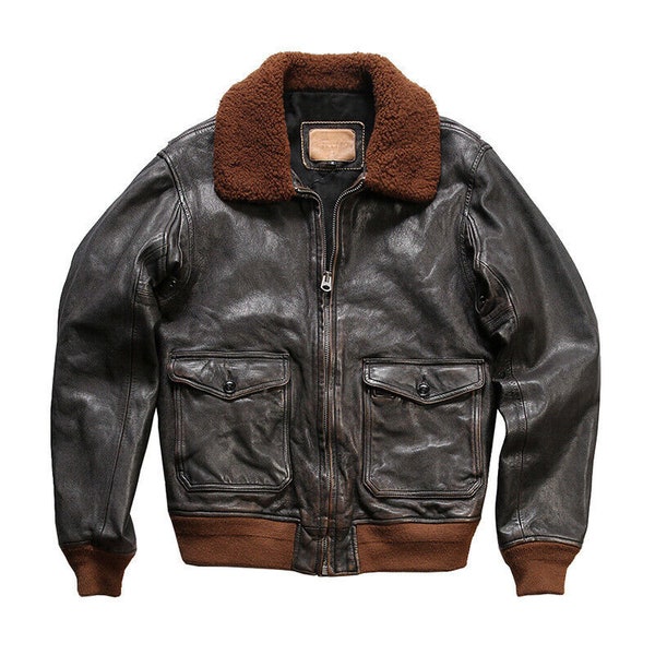 Blouson en cuir de camionneur pour homme, Blouson en cuir Bomber RAF B3 vintage pour hommes, Blouson en cuir délavé effet vieilli avec col en fourrure Flight pour homme