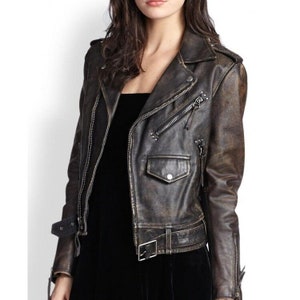 Real Leather Jacket for Women | Distressed Leather Slim Fit Biker Vintage Style Motorcycle Leather Jacket Women's