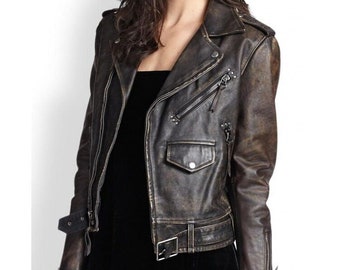 Real Leather Jacket for Women | Distressed Leather Slim Fit Biker Vintage Style Motorcycle Leather Jacket Women&#39;s