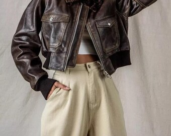 Women's Vintage Style Classic Oversized Leather Jacket, Brown Bomber Leather Jacket for Women, Fashion Designer Biker Jacket, Gifts for her