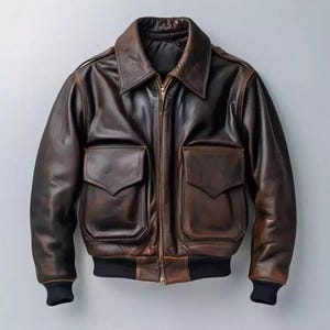 Blouson aviateur en cuir marron pour homme, Blouson moto en cuir pour homme, Blouson en cuir marron effet vieilli style rétro vintage en cuir véritable pour homme