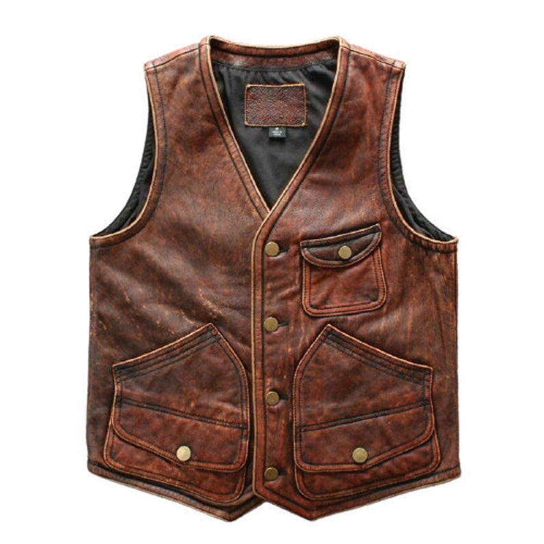 80's Whiskey Brown Motorcycle Cow Hide Real Leather Vest for Men Biker ...