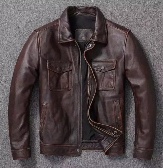 本革vintage brown leather jacket Cowhide Leather Vinatge Brown Jacket Mens Motorcycle Classic