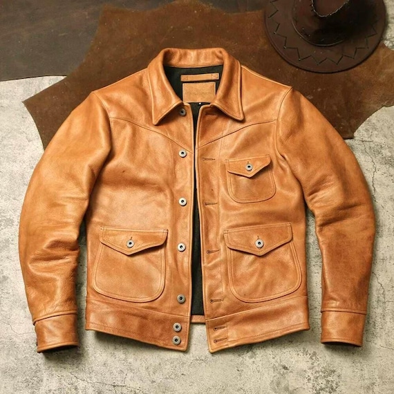 Chaqueta De Cuero Marrón A Rayas Retro Para Hombre, Estilo Cafe Racer Con Cuello Alto, Marrón