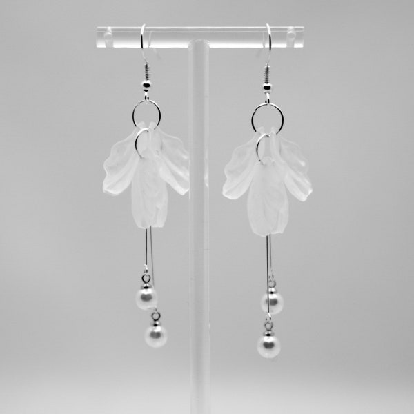 dangling translucent flower petal and pearls earrings | tassel style earrings | hypoallergenic