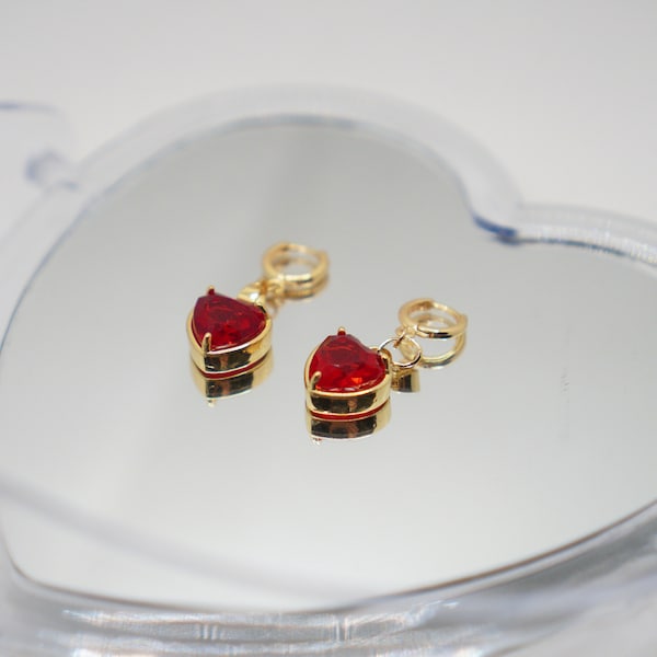 golden ruby red heart huggie hoops | hypoallergenic earrings