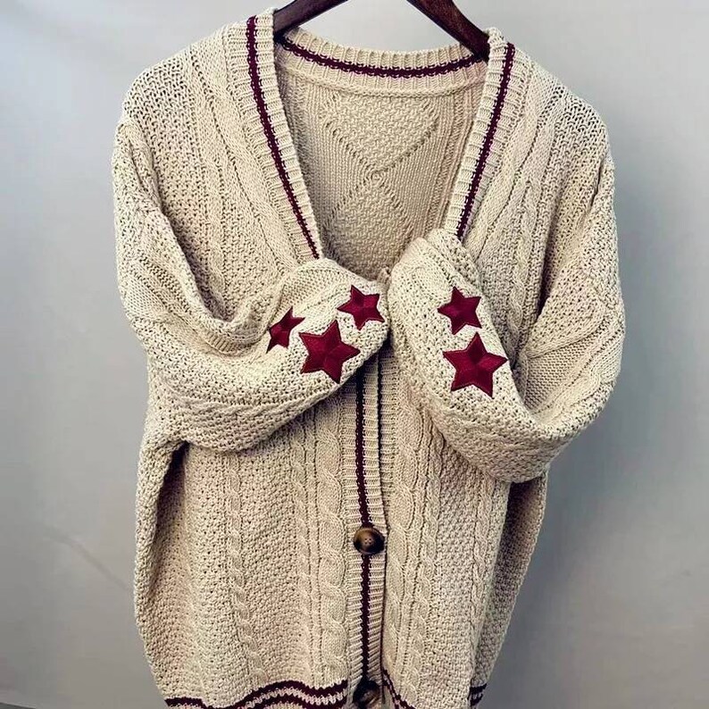 Beige Star Embroidered Folklore Cardigan Etsy