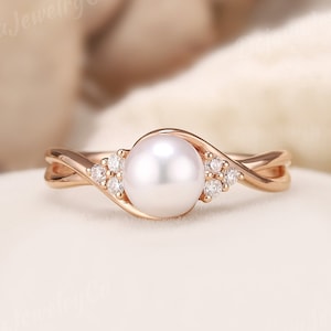 Akoya Pearl Engagement Ring Art Deco Moissanite Cluster Wedding Ring Pearl Solid Rose Gold Promise Ring For Women Diamond Cluster Ring