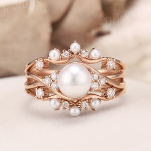 Vintage Akoya Pearl Engagement Ring Set Moissanite Enhancer Ring Double Curved Wedding Band Twist Wedding Ring Promise Ring For Women 2pcs