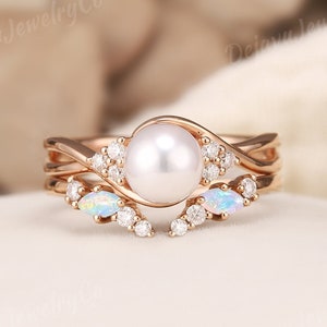 Art Deco Akoya Pearl Engagement Ring Set Moissanite Cluster Wedding Ring Twist Gold Stacking Ring For Women Unique Opal Open Wedding Band
