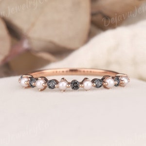 Salt and Pepper Diamond Wedding Ring Dainty Pearl Wedding Band Rose Gold Stacking Matching Band Pearl Diamond Promise Ring Anniversary Gift
