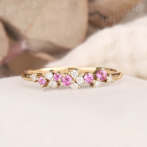 Dainty Pink Sapphire Ring Moissanite Stacking Wedding Band Snowflake Rose Gold Promise Ring Diamond Ring Anniversary Gift Women Solid Gold