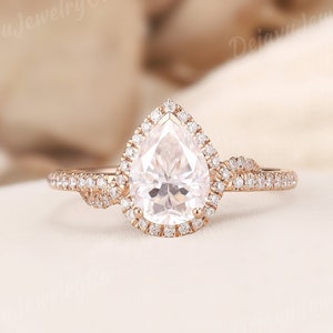 1.2ct Moissanite Engagement Ring Pear Moissanite Cluster Wedding Ring Art Deco Halo Moissanite Twisted Rose Gold Promise Women Eternity love