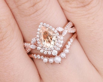 Pear Shaped Morganite Engagement Ring Set 2pcs Art Deco Infinity Ring Pearl Wedding Band Rose Gold Wedding Band Moissanite Cluster Twisted
