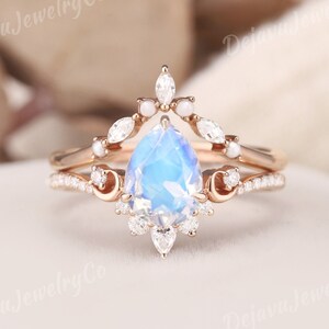 Vintage Moonstone engagement ring set 2pcs moon rose gold engagement ring Unique Bridal set Diamond wedding ring Anniversary Promise gift