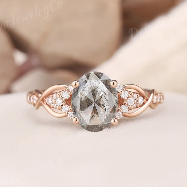 Oval Diamond engagement ring vintage Unique salt and pepper Diamond Cluster ring Rose gold ring engagement ring galaxy ring Criss cross vine