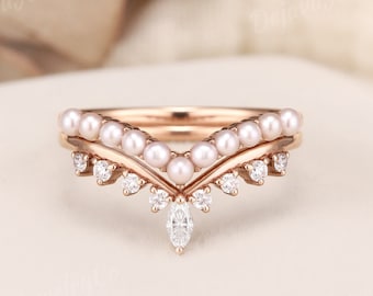 Vintage 2pcs Pearl Wedding Ring Rose Gold Wedding Band Stacking Matching Ring Moissanite Ring Diamond Double Curved Wedding Band For Women