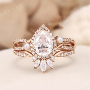 Vintage Moissanite Engagement Ring Set Dainty Pearl Cluster Wedding Ring Set Curved Stacking Wedding Band Rose Gold Promise Ring for Women
