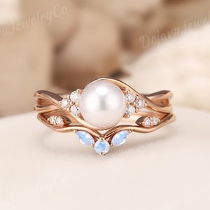 Art Deco Akoya Pearl Engagement Ring Set Moissanite Cluster Wedding Ring Twist Gold Stacking Ring Women Moonstone Curved Wedding band 2pcs