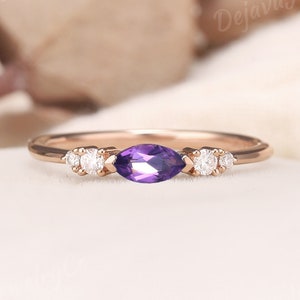 Delicate Amethyst Ring Vintage Marquise Engagement ring Moissanite Wedding ring women Rose gold crystal ring antique Promise gift for her