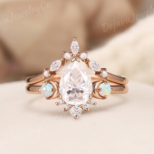 Unique Pear Cut Moissanite Engagement Ring Set Art Deco Rose Gold Opal Cluster Wedding Ring Set Pearl Curved Stacking Wedding Band For Women