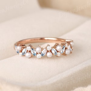 Aquamarine Wedding Band Art Deco Pearl Aquamarine Rose Gold Promise Ring Moissanite Stackable Wedding Ring Promise Ring Anniversary Gift