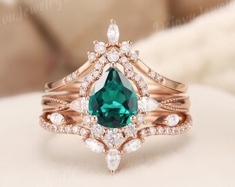 3Pcs Vintage Emerald Engagement Ring Set Flower Halo Rose Gold Wedding Ring Emerald Wedding Ring For Women Double Wave Wedding Band Leaf