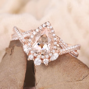 Unique Pear Shaped Morganite Engagement Ring Moissanite Halo Wedding Ring Twist Rose Gold Promise Ring Marquise Cut Moissanite Cluster Ring