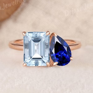 Two Stone aquamarine sapphire Engagement Ring Rose Gold Toi et Moi Ring Emerald cut aquamarine Wedding Ring Pear Promise Ring For Women