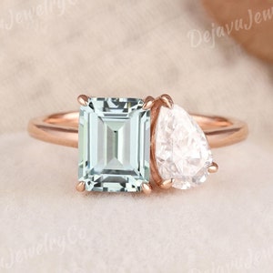 Toi Et Moi Mint Green Sapphire Engagement Ring Pear shaped Two Stone Ring Vintage Rose Gold You and Me Birthstone Lab Diamond Promise Gift